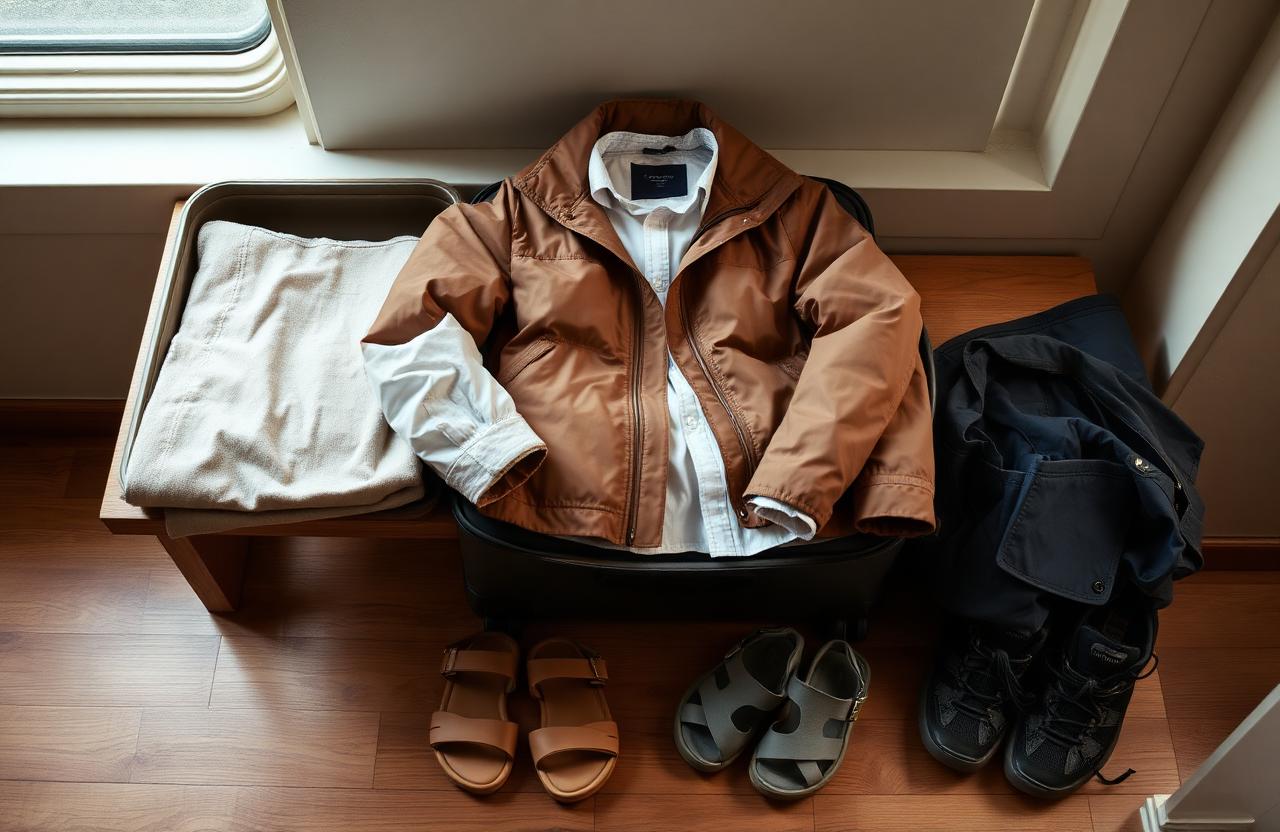 Carry-on with layered clothing for multiple climates — merino base, packable jacket, linen shirt