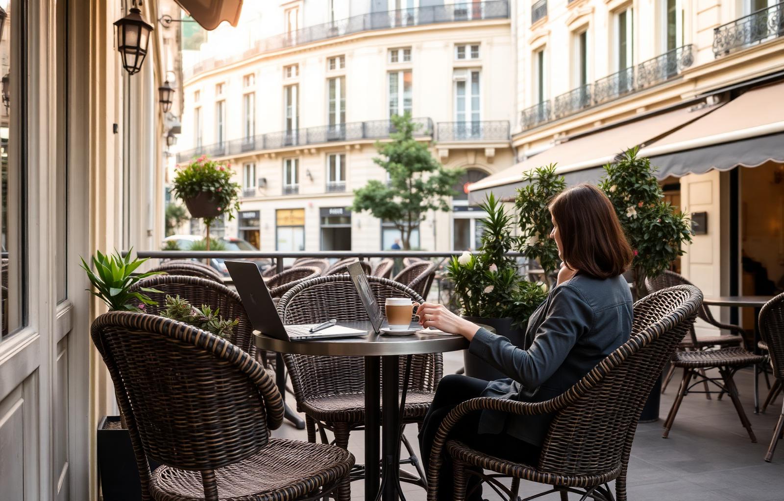 Person working on a laptop at a Paris café terrace with Haussmann buildings in the background