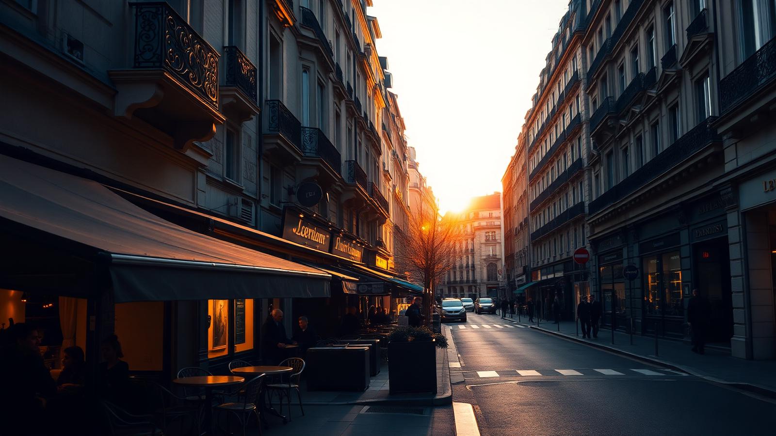 Paris Haussmann street at golden hour with café terrace and warm light