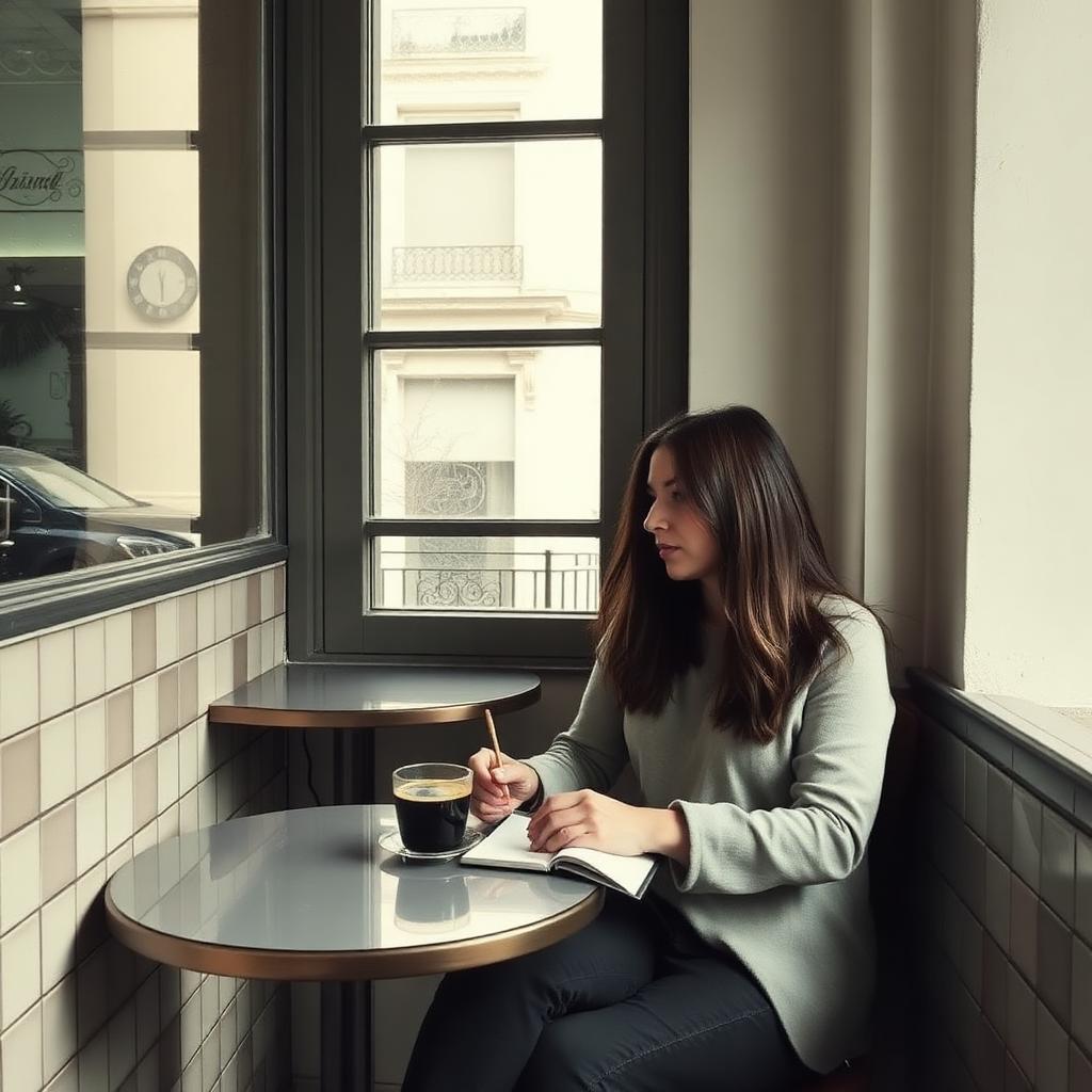 A quiet tiled Lisbon café with a writer's notebook, espresso and soft window light