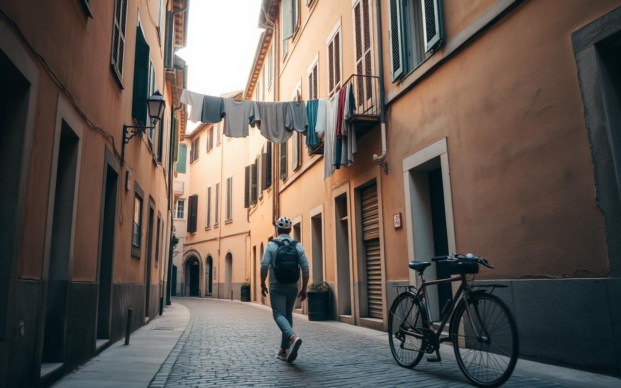 Traveler walking through a quiet European cobblestone alley with laundry hanging between buildings