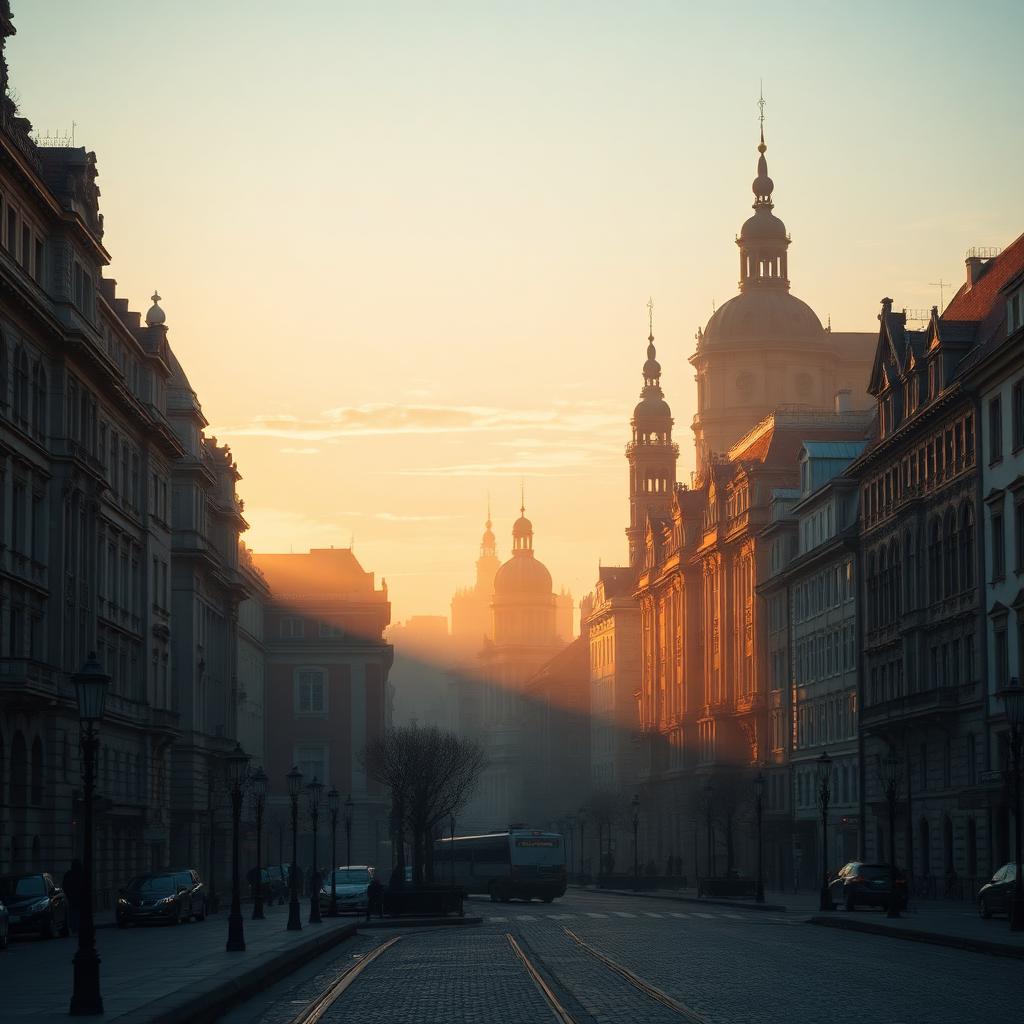 Riga old town skyline with Art Nouveau architecture in golden hour light