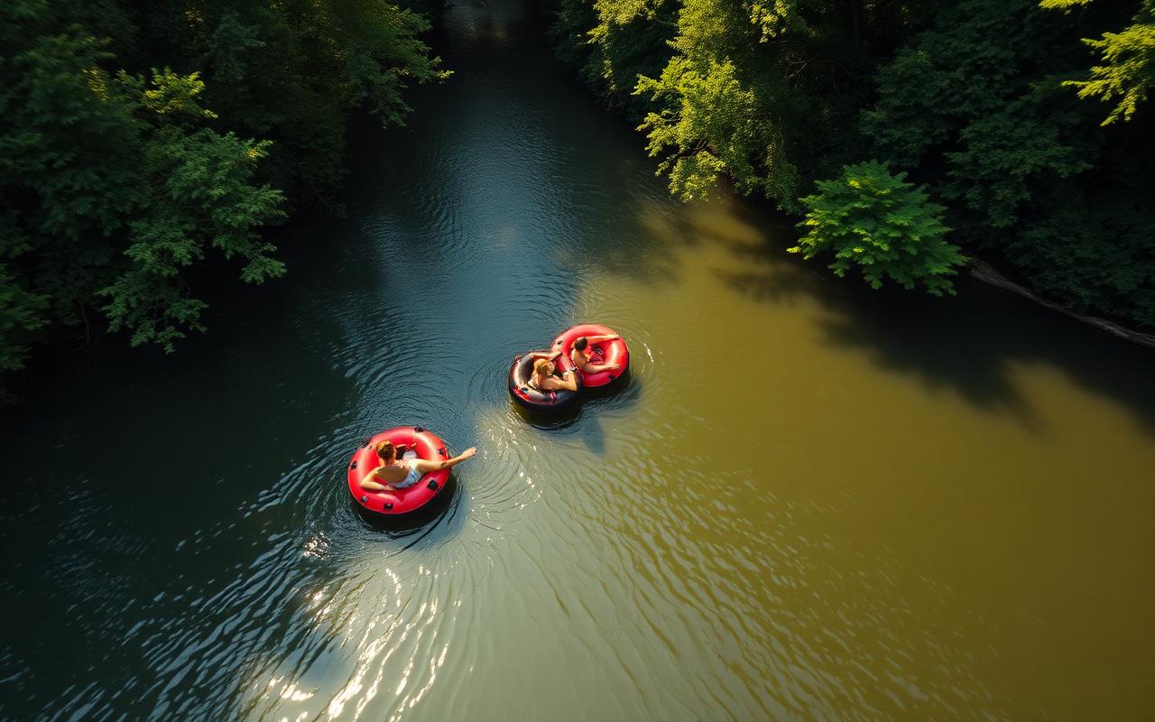 People floating in inflatable tubes down a calm forested river