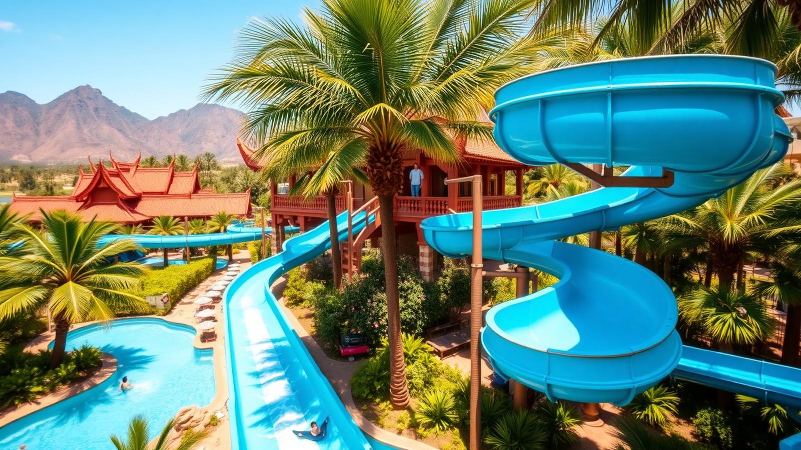 Thai temple-inspired water park with blue slides winding through palm trees in Tenerife