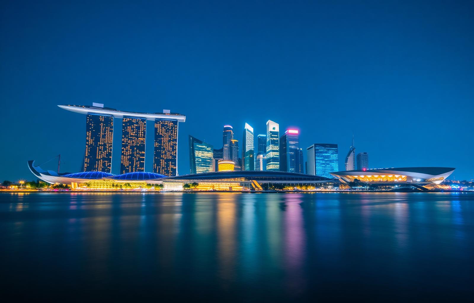Singapore Marina Bay skyline at blue hour with Marina Bay Sands and the ArtScience Museum
