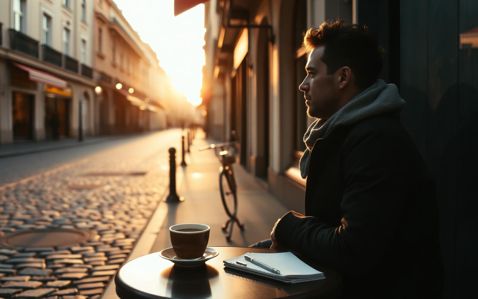 A solo traveler sits at a small café table on an empty cobblestone street at sunrise with espresso and a notebook