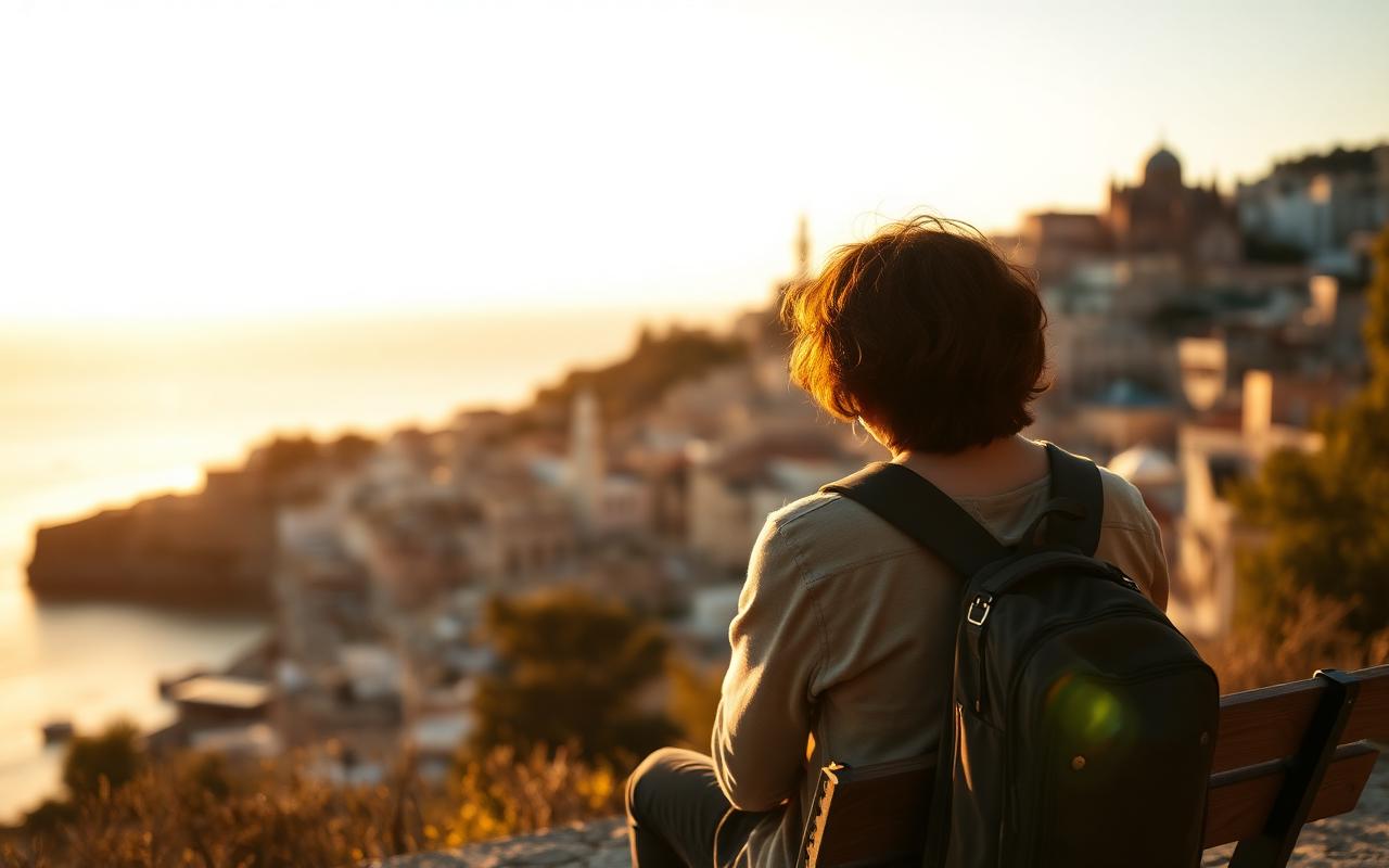 Solo traveler with a backpack sitting on a stone bench overlooking a Mediterranean old town at golden hour