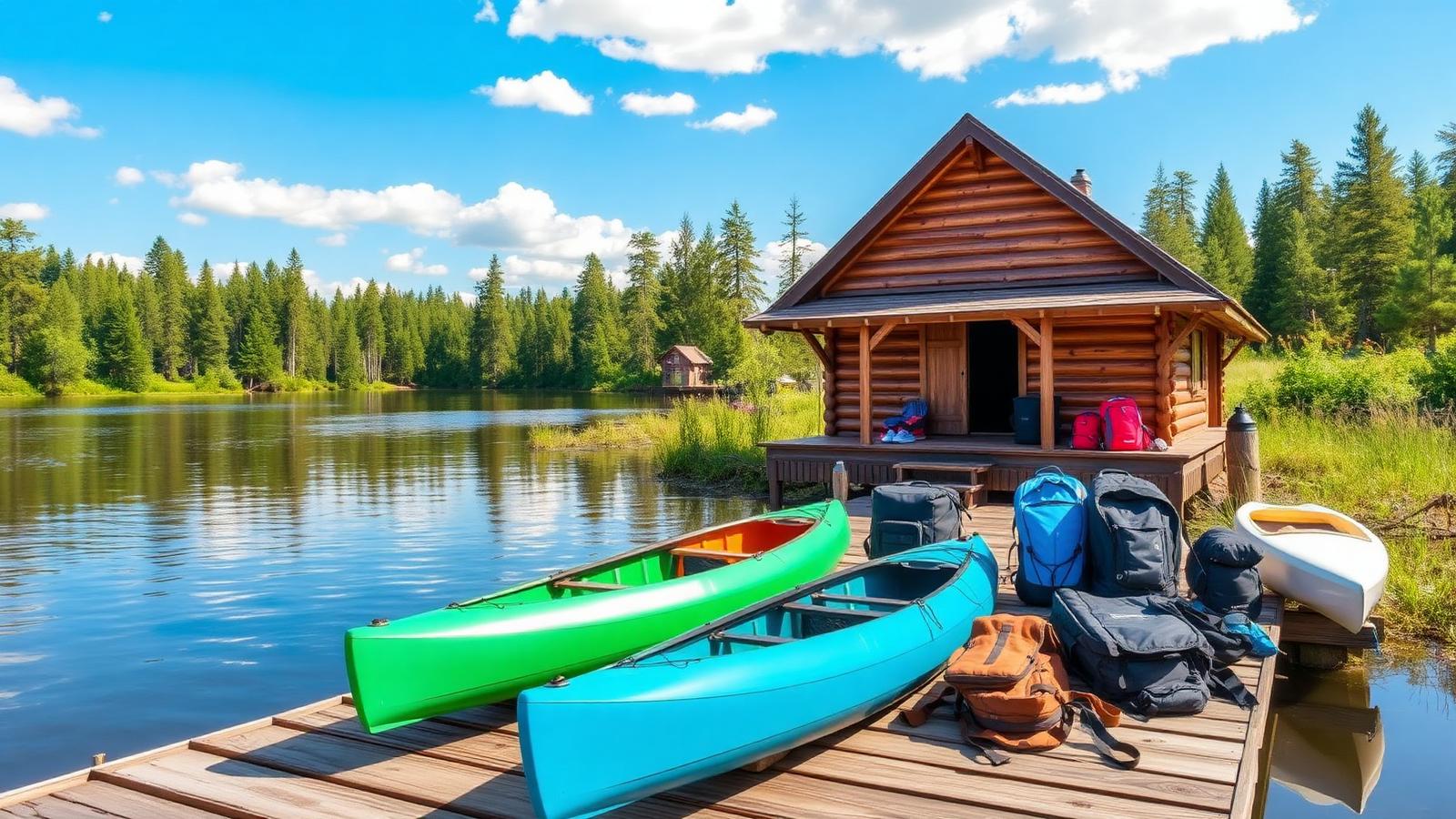 Wooden camp cabin by a lake with canoes and packed backpacks on the dock