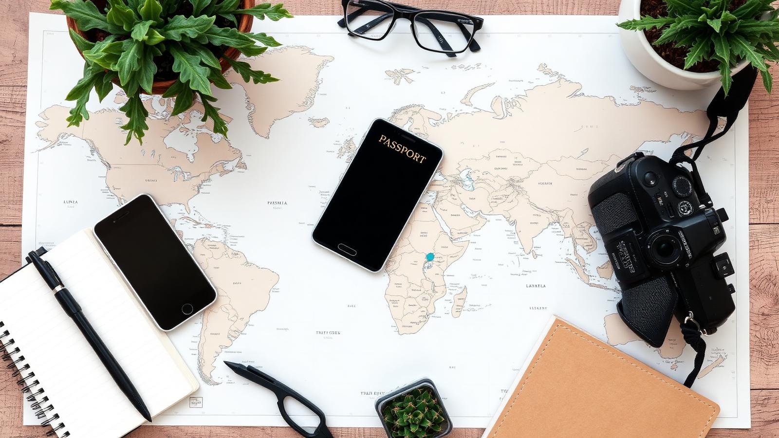 Travel planning flatlay with passport, world map, phone, camera and notebook