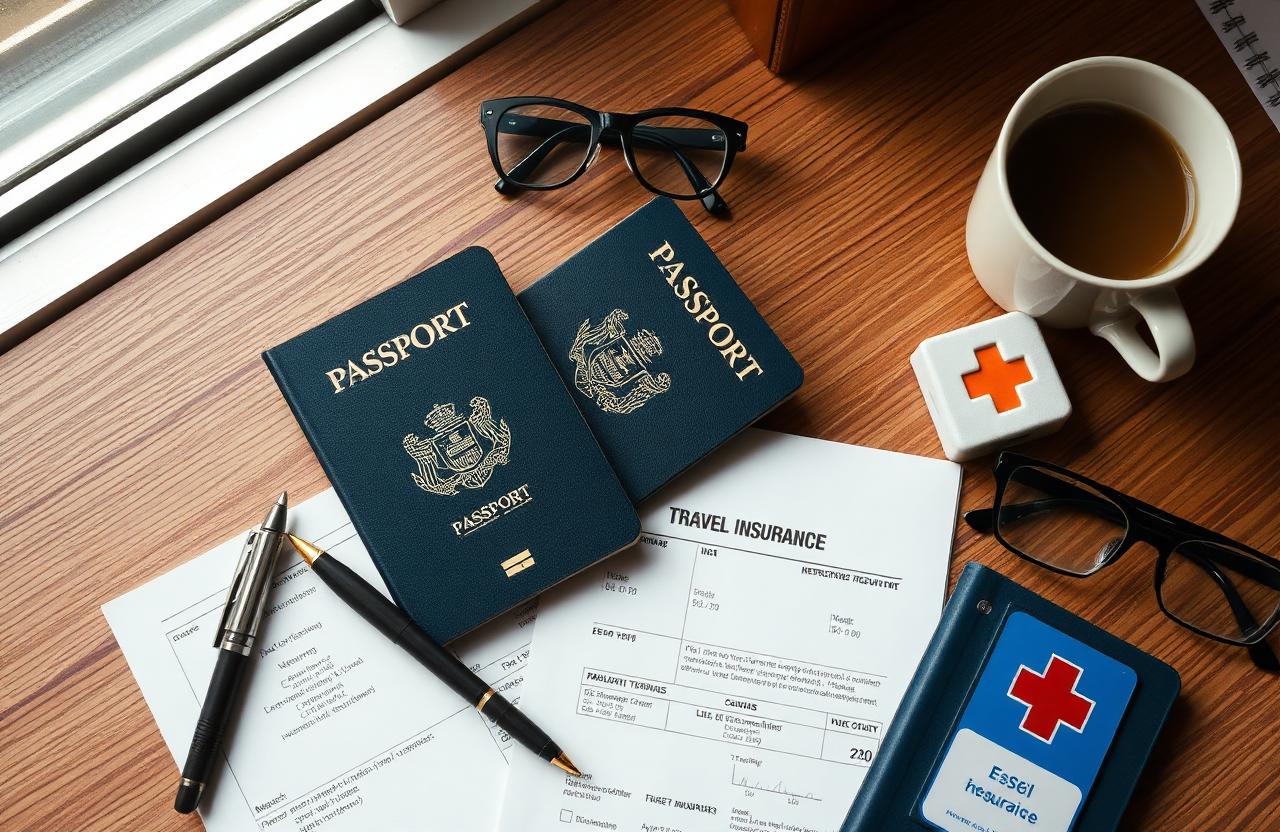 Passport, travel insurance document and a small medical kit on a wooden desk