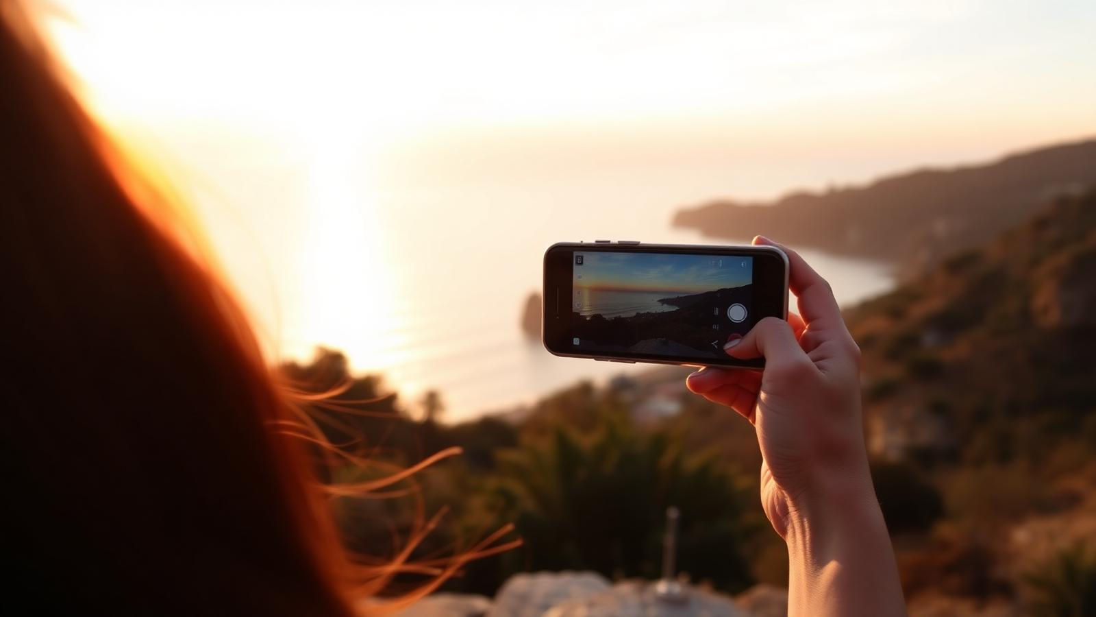 Hand holding a phone framing a coastal sunset, soft warm light, vacation moment
