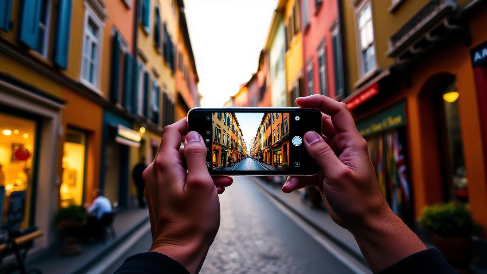 Person photographing a colourful European street with smartphone at golden hour