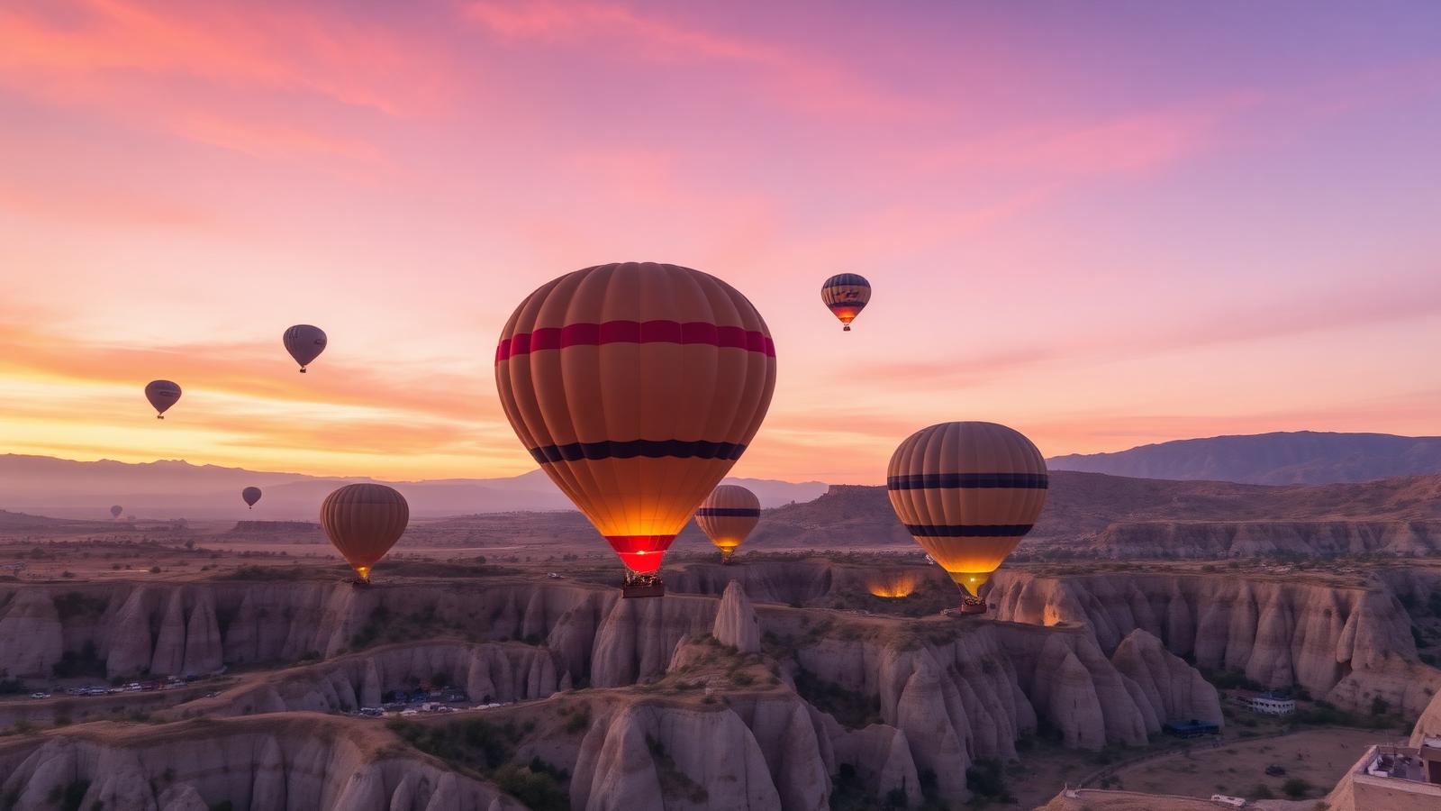 Hot air balloons floating over the rock formations of Cappadocia at sunrise