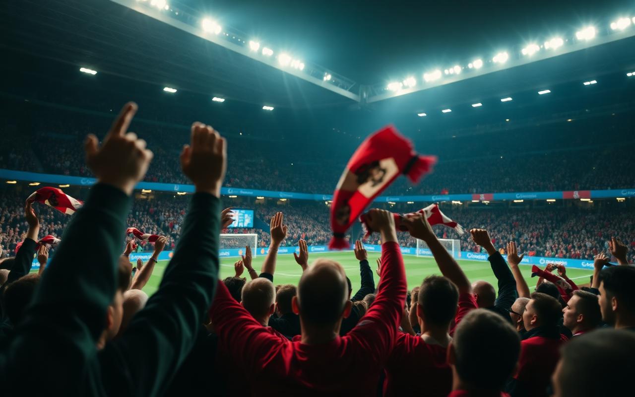Football fans cheering with raised hands and scarves inside a packed stadium at night