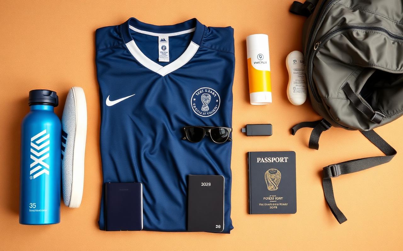 Flat lay of World Cup travel essentials: jersey, sneakers, sunscreen, water bottle, passport and daypack