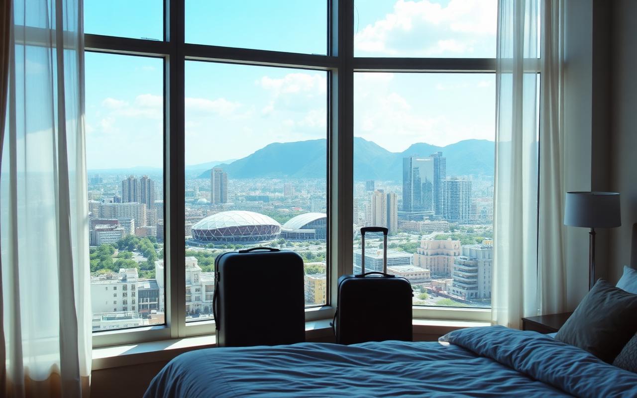 Sunlit modern apartment with a suitcase and a stadium visible through the window